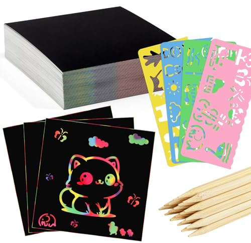 90-Piece Rainbow Scratch Art Paper Set for Kids, 3.35 x 3.35 in