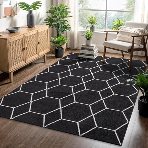 SANAT Wohnzimmerteppich – Pflegeleicht, für jeden Raum geeignet – Öko-Tex zertifizierter Flächenteppich – Trellis Muster, Schwarz, 120 x 170 cm