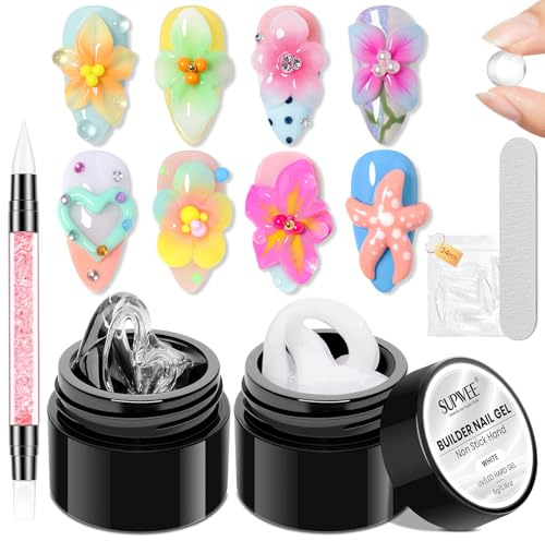 SUPWEE Solid Builder Gel Klar Weiß, Non-Stick 3D Gel Nail Extension 5g | 3D Gel Nail Art mit Silikonstift & Nagelform, Mustern Prägung für Nägel Home Maniküre DIY