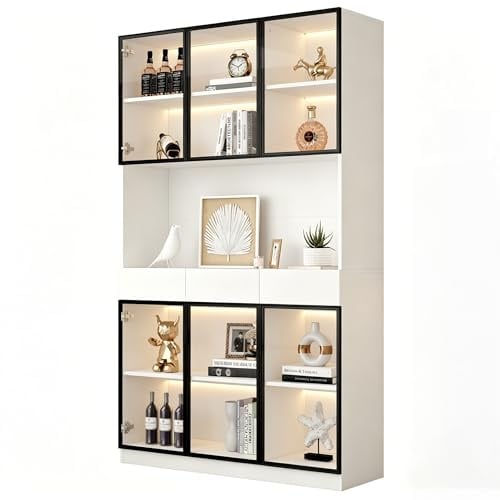 kozamas Vitrine Bibliothèque en Verre avec Éclairage LED, Blanc, 200 cm | Bureau Intégré, 6 Portes en Verre, 3 Tiroirs, Étagères Réglables, Pour Bureau ou Chambre