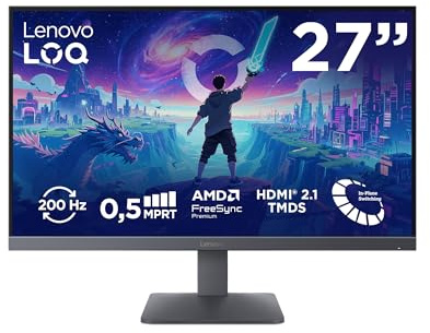 Lenovo LOQ 27-10 | 27 Full HD Gaming Monitor | 200 Hz | 0.5ms | Gaming | 1920x1080 Auflösung | HDMI 2.1 | DisplayPort | Schnelles IPS-Panel | Entspiegelt | AMD FreeSync Premium | Grau