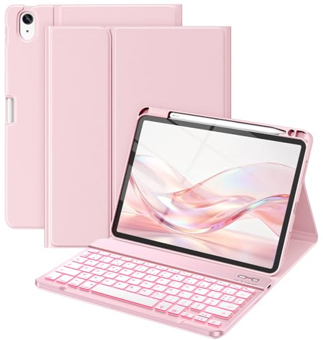 Howillto Coque Clavier pour iPad Air 11 Pouces (M4 2026/M3 2025/M2 2024) | Étui Clavier pour iPad Air 4ème/5ème gén. 2020 2022, Rétroéclairage 7 Couleurs et Logement pour Apple Pencil, AZERTY, Rose