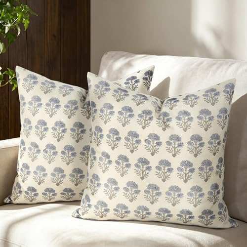 2er Set Outdoor Kissenbezug Wasserfest Kissen Sommer Kissenbezüge Blau | 45x45 Wasserdicht Blumen Kissenhüllen Retro Gartenkissen Couchkissen Sofakissen Zierkissen Dekokissen Sofa Balkon Wohnzimmer