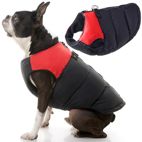 Gooby Gepolsterte Weste Hundejacke – Rot, Größe L – warme Hundeweste mit Reißverschluss und Doppel-D-Ring-Leine – Winter-wasserabweisend, kleiner Hundepullover – Hundekleidung für kleine Hunde, Jungen und mittelgroße Hunde