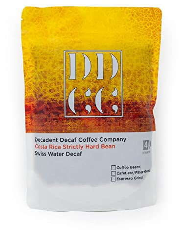 Decaffeinated Costa Rican Coffee Beans 227g - Swiss Water Decaf Process - Decadent Decaf - Medium Roast - Strength 3 - For All Coffee Machines - 100% Arabica