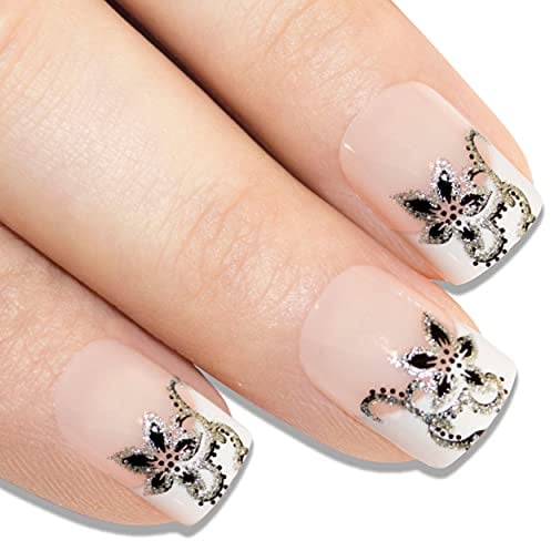 Falsche Nägel Bling Art Schwarz Weiß 24 Squoval Kunstnägel Mittel Tipps mit Kleber