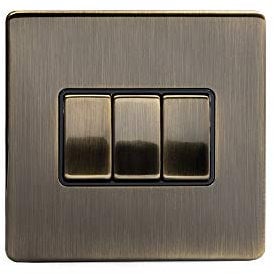 Soho Lighting Antique Brass 3 Gang 2 Way 10A Light Switch Blk Ins Screwless