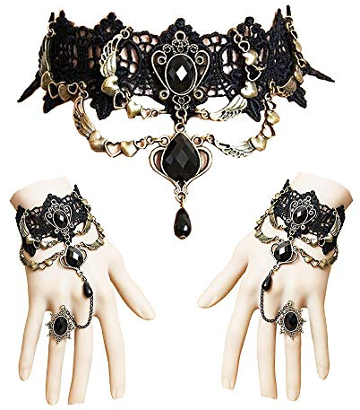 Jurxy Gotisch Choker Halskette Armbänder Schmuck 3 PCS Halsband Ketten Victorian Steampunk Retro Zahnräder Spitze Vampir Armband für Halloween Ostern Lolita Spitze Schwarz – Stil 2