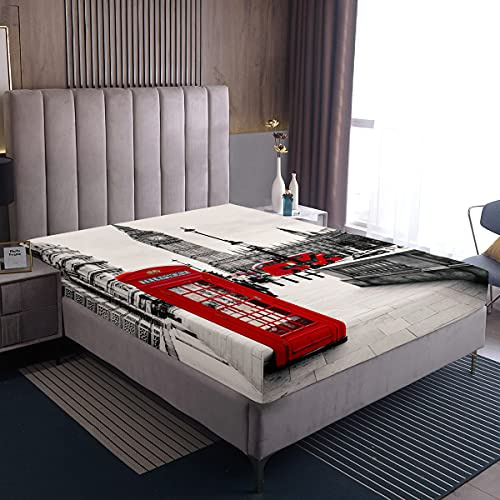 Loussiesd London Landschaft Spannbetttuch 90x200cm Moderne Stadt Big Ben Roter Bus Telefonzelle drucken Spannbettlaken Grau für Jungen Mädchen Kinder Zimmer Doker Bettlaken 100% Microfaser