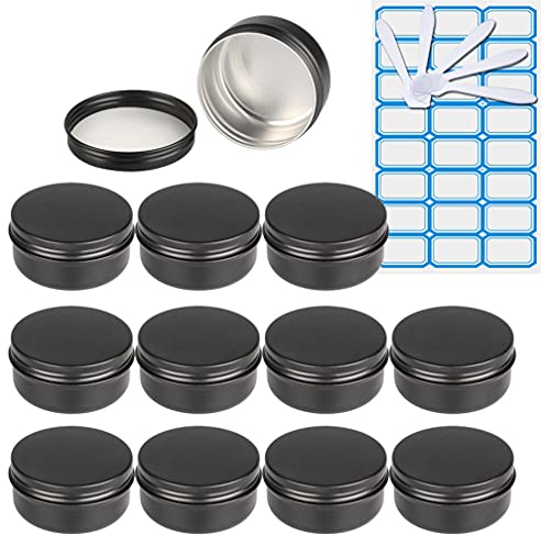ZEOABSY Pack of 10, Empty 50ml Matte Black Aluminium Tins with Screw Lids Round Cosmetics Containers Pots Storage Jars for Lip Balm DIY Candle Salve Powder Crafts with 5 Spatula, 1 Labels