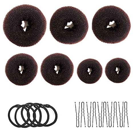 Máquina de pan de donut, máquina de moño de 7 piezas marrón, conjunto en forma de anillo, con 10 pinzas en forma de U, 5 cuerdas elásticas para el cabello.