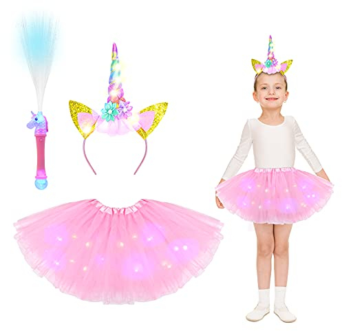 ACWOO Costume Unicorno Bambina, 4 Pezzi Tutu Unicorno Bambina, Gonna Tulle Bambina LED con Fascia per Unicorno, Bacchetta Magica Sottoveste Ragazza, Carnevale Compleanno Festa Regalo
