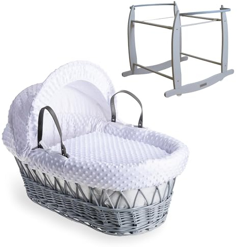 Clair de Lune Dimple Weidenkorb mit grauem Deluxe-Schaukelständer, 68 x 30 cm, Weiß