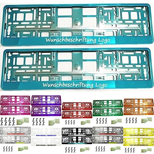 2 Stück Kennzeichenhalter mit Wunschtext Beschriftung Werbung Bedruckt. KOSTELOSE Lieferung (Türkis Chrom)