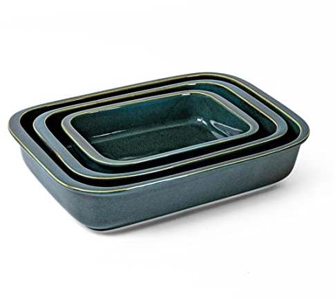 Porzellan Backform, 3er Set Auflaufform Groß - Ofenform Rechteckig, Schale Auflaufform Suppenteller Suppenschale in 3 Größe für Lasagne - Grün