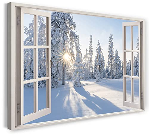 Printistico Bilder Fensterblick 80x60cm Baumwoll-Leinwand auf Keilrahmen mit Aufhänger moderner Kunstdruck XXL Wandbilder Wand-Dekoration Winter Landschaft Bäume Wald Sonne Natur - Natur-Fotografie
