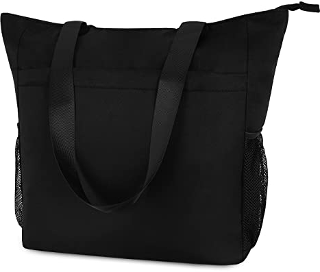 WANDF Floral Beach Tote Water-resistant Beach Bag Large Shoulder Bag for Yoga Travel with Multi Pockets (Black)