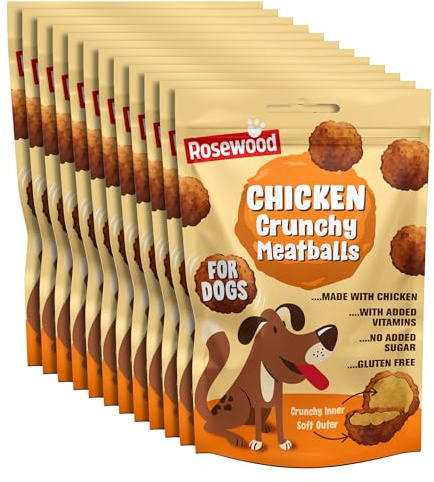 Rosewood Chicken Crunchy Meatballs for Dogs - Gluten Free Dog Treats Made with Chicken, Training Treats for Small, Medium, Large Dogs and Puppies (Case of 12 x 140g)