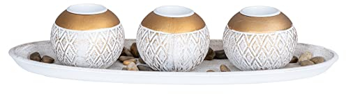 levandeo Deko-Tablett Kerzenhalter L39cm Weiß Gold Gewischt Shabby Chic Vintage Tischdeko Deko Landhausstil Teelichtset