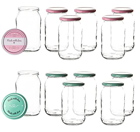 BigDean 12er Set Einmachgläser mit Deckel in rosa und Pastell-grün in Made with Love Stil - 948ml groß - Sturzgläser Marmeladenglas