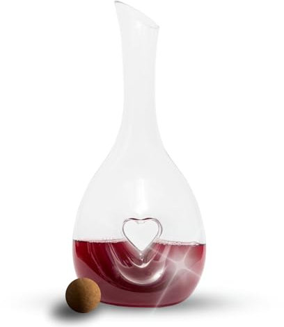 Maypes Heart Decanter – Beautiful Wine Decanter with Lid – Crystal Glass Wine Decanter for Fine Red Wines – Easy to Use Wine Aerator Decanter – Practical Decanter and Cork Cover - 1000ml Capacity
