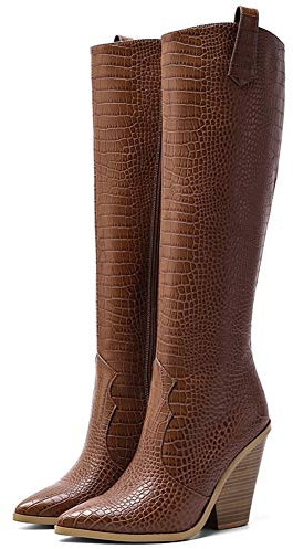 Stivali al Ginocchio con Tacco Alto, Moda Stivali Alti con Tacco Spesso A Punta da Donna, Stivali in Pelle con Motivo Coccodrillo (Color : Brown, Size : 41 EU)