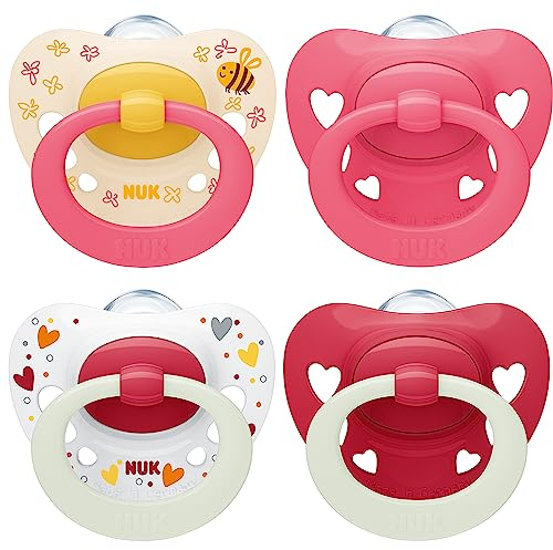 NUK Signature Day & Night Babyschnuller | 6-18 Monate | Beruhigt 95 % der Babys | BPA-freie Silikonschnuller in Herzform | Leuchtet im Dunkeln | Herzen | 4 Stück