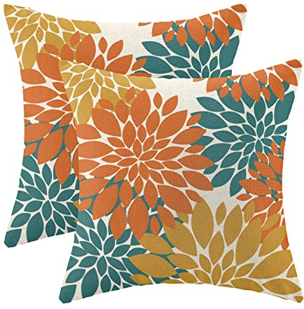 CXMEIFLY Orange Gelb Blaugrün Kissenbezüge 45,7 x 45,7 cm Set mit 2 Dahlie Blumen Dekor Wurfkissen Sommer Moderne Geometrie Blume Outdoor Dekorative Kissenbezüge für Sofa Couch Bett Dekorationen