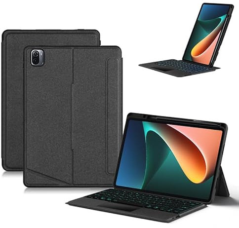 QYiiD Tastaturhülle für Xiaomi Pad 5 / Pad 5 Pro 11 Zoll 2021, Silikon + ABS-Hülle, magnetisch, abnehmbarer Ständer, Hülle mit Bluetooth-Hintergrundbeleuchtung, Trackpad-Tastatur mit Stifthalter