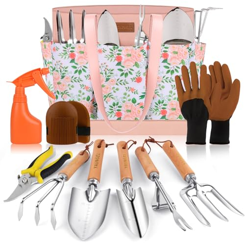 YAUNGEL Set di Attrezzi da Giardinaggio, 10 Pezzi in Acciaio Inossidabile ad uso intensivo con Manico in Legno Antiscivolo, Strumenti da Giardinaggio per Donne e Uomini, Rosa