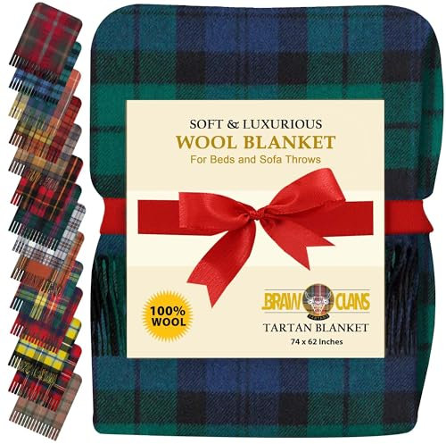 BRAW CLANS TARTANS Decke aus 100% Reiner Wolle, 188 x 157 cm, Schottenkaro Mit Fransen - Weich, Kariert, Gemütlich für Sofa, Camping, Picknick - Warme Winterdecke (Black Watch)