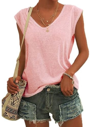 EDOTON T-Shirt à Manches Courtes pour Femme Col en V Haut Décontracté Manches Amples T-Shirt Tunique Femme Chemises Shirts (XL,Rose)