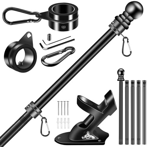 BONWIN Schwarzes Fahnenmast-Set für Außenhaus, 1,8 m, verdickter Edelstahl, Wandhalterung, Fahnenmast für 90 x 150 cm große Flaggen, 2,5 cm drehsichere Flaggenring-Clips und 2-Positionen-Halterung für