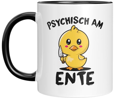 Tasse mit witzigem Spruch | Psychisch am Ente | Mit Küken und Messer | für Freunde und Kollegen, Arbeitskollegen | Kaffeebecher 330 ml - Schwarz