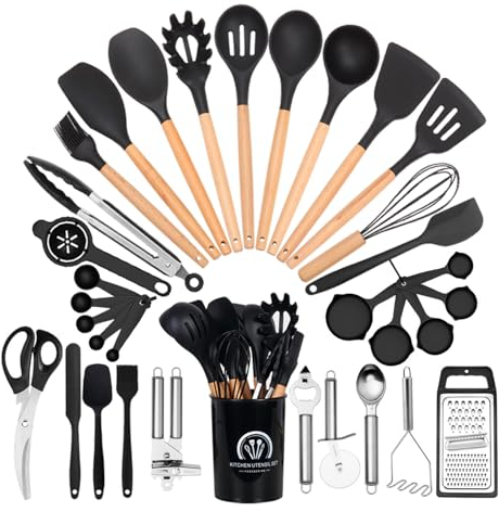 Silicone Kitchen Utensil Set 34 Pcs Non-Stick Cooking Utensils Set with Holder Kitchenware Set with Wooden Handle Kitchen Tools And Gadgets Set Dishwasher Safe,Black