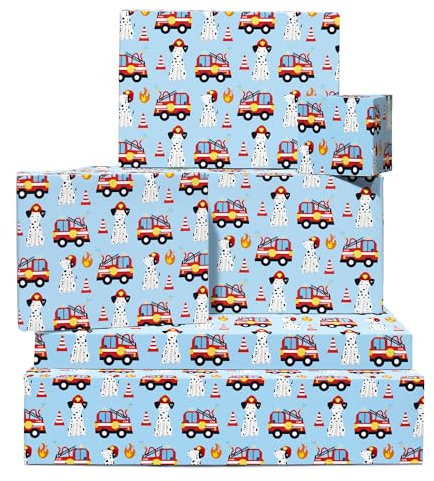 Geschenkpapier Feuerwehr – 6 Bögen blaues Papier mit Anhängern – Feuerwehrautos und Hunde – Geburtstag von Jungen – mit Aufklebern – von Central 23