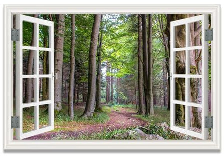 xukgmsg Stampa Artistica Su Tela Con Finestra Aperta Finte Finestre Sentiero Che Conduce Al Bosco Stampa Artistica Da Parete Con Vista Della Finestra Del Lago Nella Foresta Natura 105x70cm