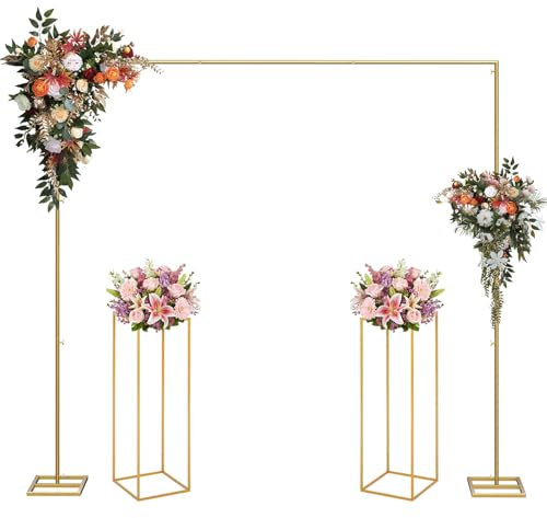 Nisorpa Hochzeit Bogen Backdrop Ständer, 2.2m Blumenständer Hochzeit Rahmen Set, Gold Ballonständer mit 2 Blumenständern für Hochzeit, Geburtstag und Jede Feier (Golden, 7.2ft Bogen + 2 Blütenstäcke)