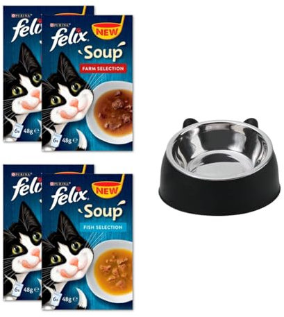 Happy Feeling Gifts 100ml Edelstahl Katzennapf gebündelt mit Felix Suppe Fisch und Bauernhof Auswahl - Komplettes Suppensortiment für ausgewachsene Katzen (24 x 48g)