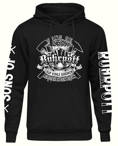 Sons of Ruhrpott Herren Kapuzenpullover | Ruhrpott Geschenke Glück auf Bergbau Ruhrgebiet Pullover Zeche Ruhrpott Hoodie Herren | M20 Ärmeldruck Schwarz