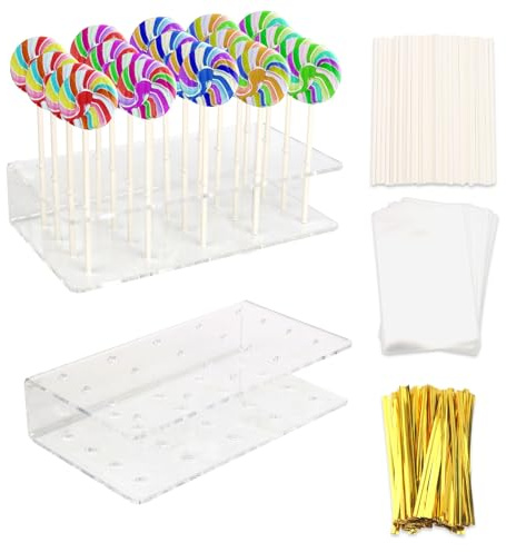 2Pcs Cake Pop Stand with 20 Holes,Acrylic Transparent Lollipop Stand with 100 Pcs Cake Pop Sticks,100Pcs Clear Treat Bags and 100Pcs Twist Ties,Lollipop Holder Display Stand,for Wedding Birthday Party