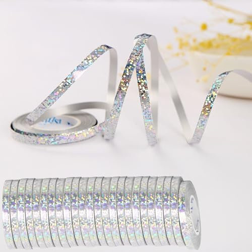 wenweo 240 Meter Luftschlangen Geburtstag, 24 Rollen Luftschlangen Silber mit Leuchtenden Farben können für Geburtstags Deko, Ballonband, Silvester Deko, Hochzeit Deko, Geschenkband