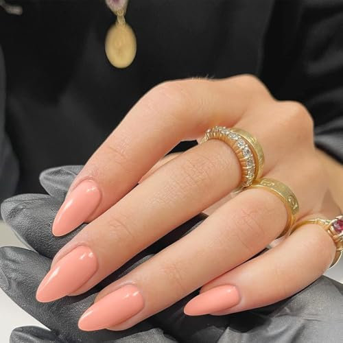 KQueenest Soft Gel Press on Nails Almond Medium, Coral Pink False Nails Almond, Glossy Solid Color Stiletto Fake Nails Set, Peach Orange Reusable Stick on Nail for Women Finger Daily Wear 24 Pcs