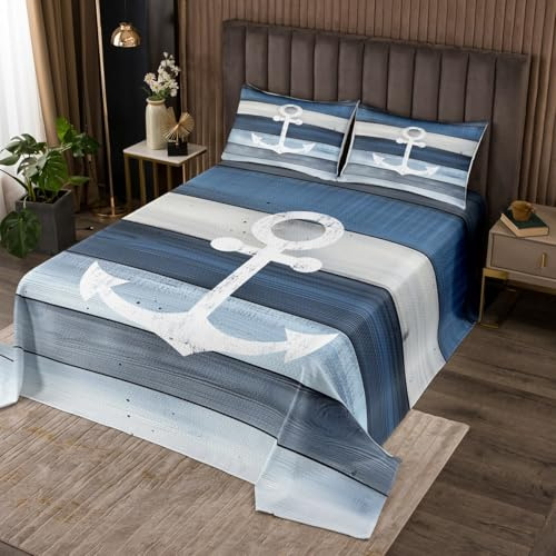 Homemissing Blauer Anker Dekor Bettüberwurf Nautische Steppdecke für Kinder Ozean Meer Abenteuer Küste Marine Holz Tagesdecke 220x240cm Zimmer Dekor Wohndecke Weich