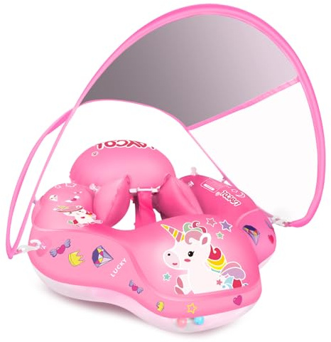 LAYCOL Anello galleggiante per bambini con tettuccio parasole rimovibile, palla di galleggiamento rimovibile, per evitare il ribaltamento, aiuto per la piscina per bambini a partire dai 3 ai 36 mesi