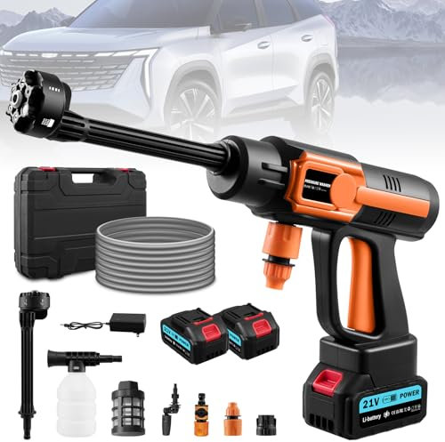 Akku Hochdruckreiniger, 21V Mobile Hochdruckreiniger Mit 2 Akku, 6-in-1 Düse, 5M Schlauch, 120Bar Hochdruck Autowaschpistole Tragbarer Kabelloser Druckreiniger für Auto, Rasen, Garten, Terrasse