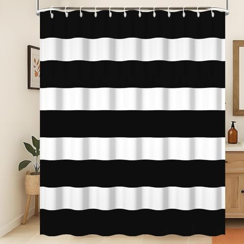 Xiaoterna 105x160cm Rideau de Douche à Rayures Noires et Blanches Lignes Vintage Rideau de Salle de Bain en Polyester Esthétique Abstraite Moderne Géométrie Tissu décoratif résistant à la moisissure