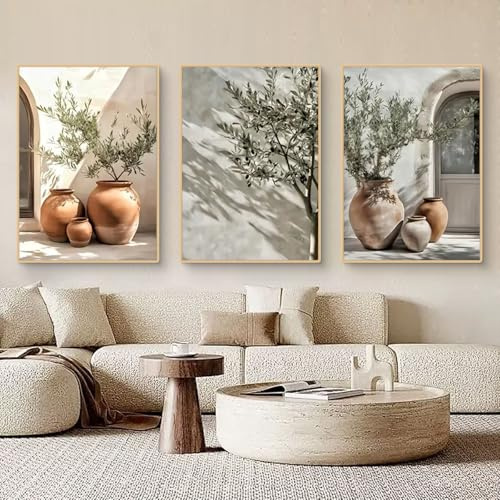 TROYSINC 3er Vintage Olivenbaum Bilder Set, Aesthetic Olivenbaum Poster Vintage Topfpflanze Bild Wandbild Italien Griechenland Wanddeko Wohnzimmer, ohne Rahmen (40x50cm,B)