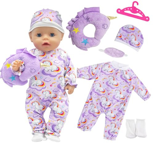 6 Pcs Baby Puppenkleidung fur 40-45 cm Puppens, Lila Pony Body Outfit mit Mütze, Kleiderbügel, Kissen, Augenmaske, Socken, Süßes Cartoon Puppen Outfit, Weiche Stoff Puppenzubehör Geschenk für Mädchen