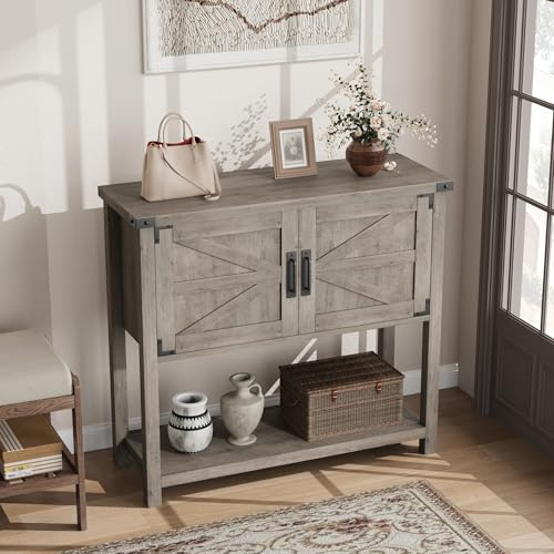 OPULENTHOME Meuble Console d'entree Haut avec 2 Portes COULISSANTES - Table d'Entrée 80cm Style Campagne - Buffet/Armoir de Rangement pour Couloir Étroit + Plateau Bar à Café,Gris